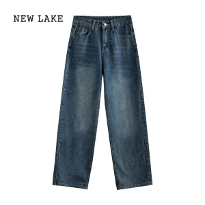 NEW LAKE复古蓝色牛仔长裤女春季小个子直筒裤2024年新款高腰休闲拖地裤子