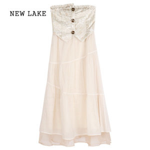 NEW LAKE法式气质褶皱一字肩抹胸连衣裙夏季纯欲风收腰中长款仙女公主裙子