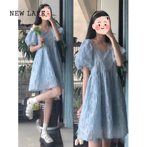 NEW LAKE蓝色方领泡泡袖连衣裙女夏季高级感法式温柔风收腰显瘦A字短裙子