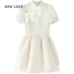 NEW LAKE2024夏季新款盐甜系新中式白色连衣裙小众收腰在逃公主蓬蓬裙子女