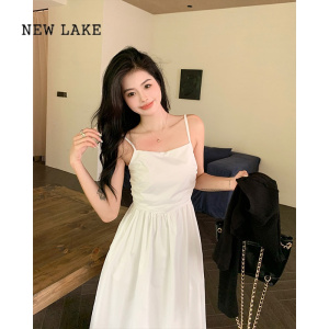 NEW LAKE大码胖mm法式白色收腰吊带连衣裙女夏季新款显瘦针织开衫上衣套装