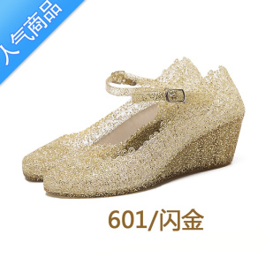 SUNTEK水晶凉鞋女坡跟夏新款高跟婚鞋塑料2023年厚底公主一字带仙女透气