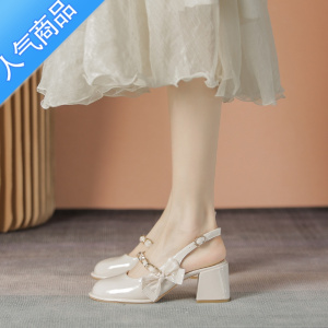SUNTEK凉鞋女2023年新款一字带包头高跟鞋法式单鞋小码气质名媛玛丽珍鞋