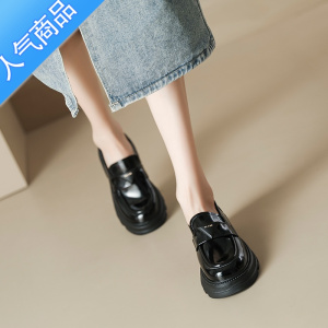 SUNTEK乐福鞋女2023年新款三角标单鞋秋季松糕鞋内增高英伦风黑色小皮鞋