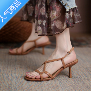 SUNTEK法式一字带高跟鞋女2023新款夏季小众露趾气质性感细跟凉鞋女