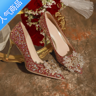 SUNTEK秀禾婚鞋女2023新款订婚鞋水晶孕妇平底新娘鞋中式细跟红色高跟鞋