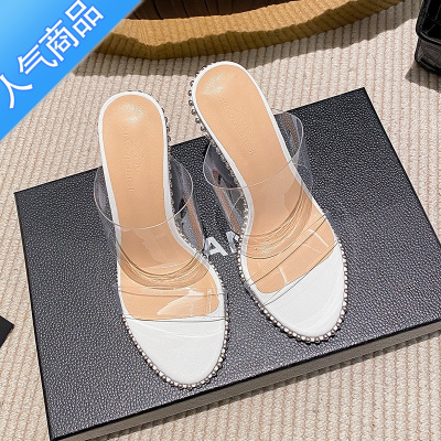 SUNTEK一字带透明凉鞋女2023年新款夏季白色高跟鞋细跟仙女风祼色凉拖鞋