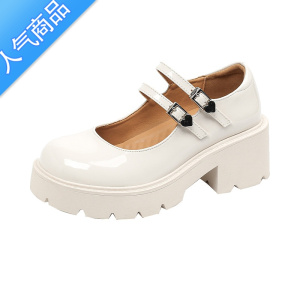 SUNTEK白色小皮鞋粗跟单鞋女夏款法式厚底玛丽珍鞋高跟jk制服鞋2023新款