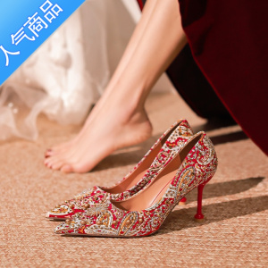 SUNTEK秀禾服婚鞋2023年新款红色高跟鞋结婚鞋红秀禾婚纱两穿新娘鞋中式