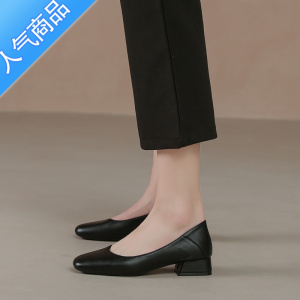 SUNTEK公务员面试女鞋三公分高跟鞋女软皮黑色工作皮鞋浅口通勤低跟单鞋