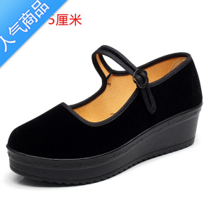 SUNTEK松糕厚底老北京布鞋女鞋中跟防滑单鞋酒店职业女士工作鞋坡跟黑色