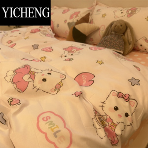 YICHENGins爱心猫水洗棉可爱简约粉色床上四件套水洗棉儿童1.8米被套床单