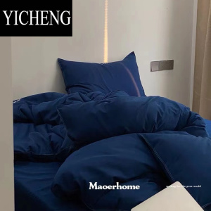 YICHENG简约水洗棉床上四件套蓝色北欧风ins纯色床单被套三件套床上用品