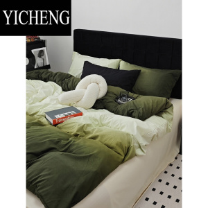 YICHENGins墨绿渐变纯色简约床上四件套水洗棉被套床笠床单学生三件套1.5