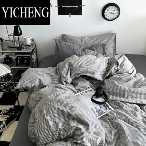 YICHENGins风日式简约水洗棉床单四件套格子被套床笠宿舍三件套床上用品