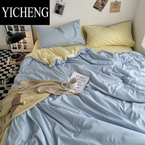 YICHENG北欧简约蓝白床单四件套夏季被套床笠款冰丝被罩宿舍床上三件套男