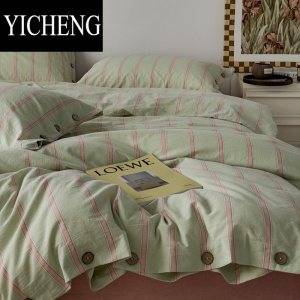 YICHENGA类日式色织水洗棉床上四件套100条纹被套床单三件套床笠