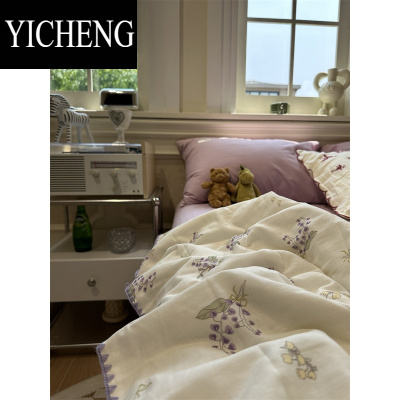 YICHENG田园双层纱紫色风铃花夏凉被四件套薄被子空调被水洗棉床单小碎花