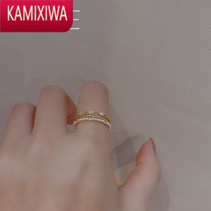 KAMIXIWASIYUE]法式浪漫多层镶钻小众设计感珍珠戒指可调节食指戒新款