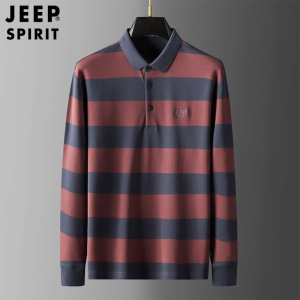 JEEP SPIRIT吉普男士条纹POLO衫休闲时尚宽松春秋长袖T恤上衣