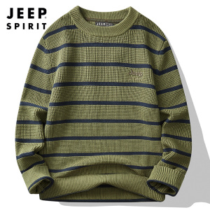 Jeep spirit吉普男士圆领毛衣百搭冬季新款针织上衣服宽松间色条纹潮款纯棉针织衫 浅绿 XL