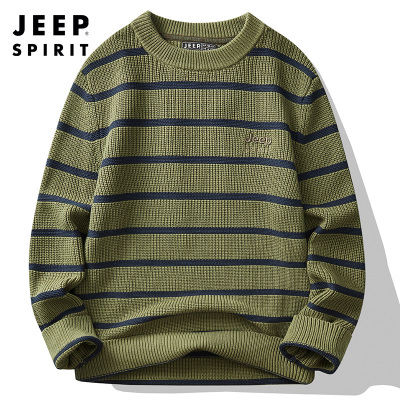 Jeep spirit吉普男士圆领毛衣百搭冬季新款针织上衣服宽松间色条纹潮款纯棉针织衫