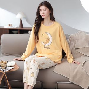 浪莎纯棉睡衣女春秋冬季长袖束脚卡通全棉休闲家居服外穿套装