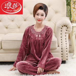 浪莎珊瑚绒睡衣女秋冬季中老年妈妈加厚加绒套头法兰绒保暖套装冬
