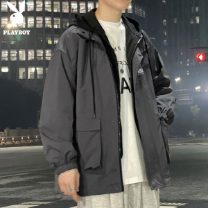 花花公子假两件连帽工装夹克男士潮流新款衣服加棉秋冬外套男冬季