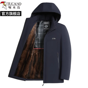 啄木鸟棉衣外套男2024新款冬季加绒加厚派克服中老年爸爸连帽棉服