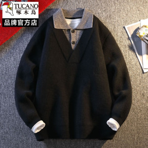 啄木鸟假两件混纺毛衣男2025新款秋冬季衬衫领肌理感针织衫毛衫潮
