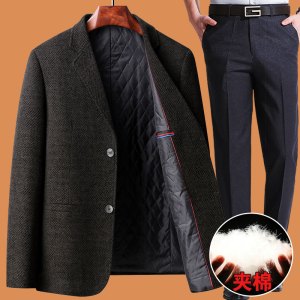 啄木鸟爸爸冬装外套装加绒加厚中年50岁西服男喜公公婚宴礼服西装