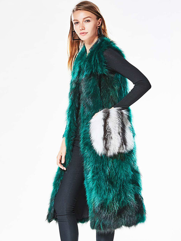 cym049lv50时尚银狐毛双口袋中长款貉子毛皮草马甲