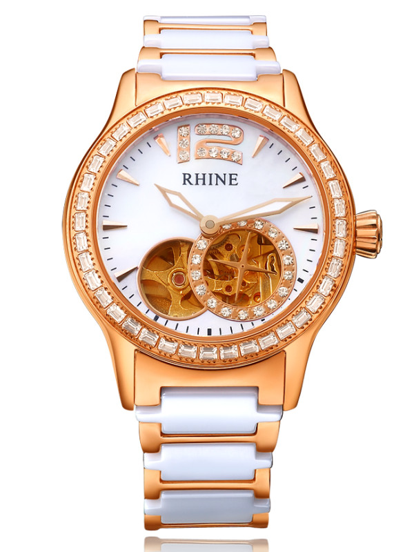 rhine莱茵 手表时尚防水镶钻女士手表陶瓷全自动机械女表 r89066l 白