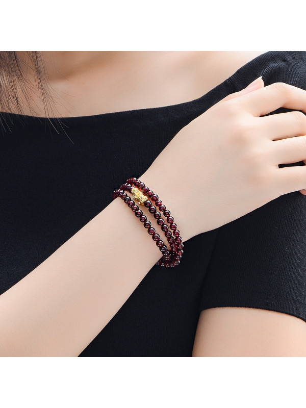 蒂蔻 黄金貔貅转运珠手链 石榴石三圈貔貅手链节日礼物送女友送老婆