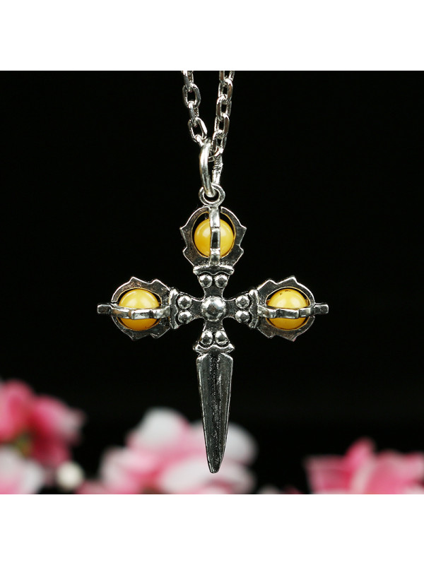 凝萃 琥珀蜜蜡白铜镶嵌降魔杵吊坠 送银链